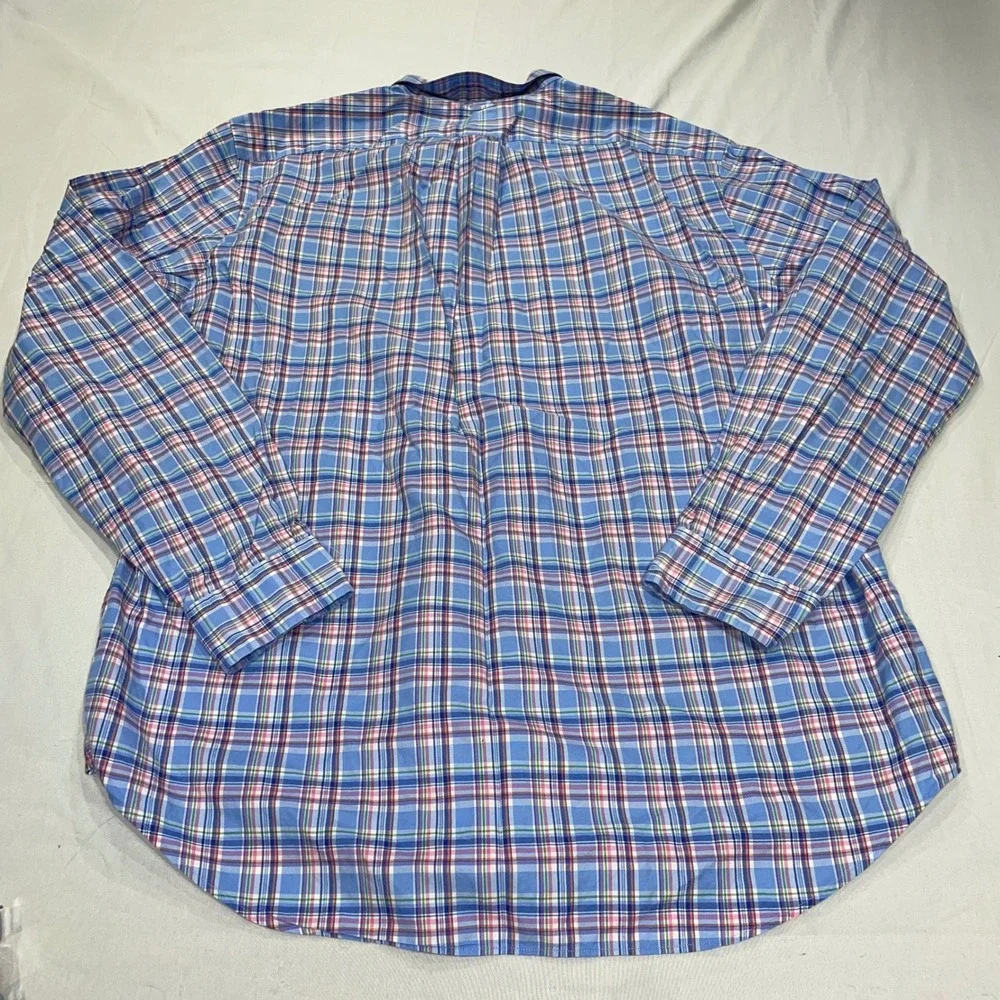 Ralph Lauren Mens Plaid Button Down Shirt Blue Pink Cotton Long Sleeve Large